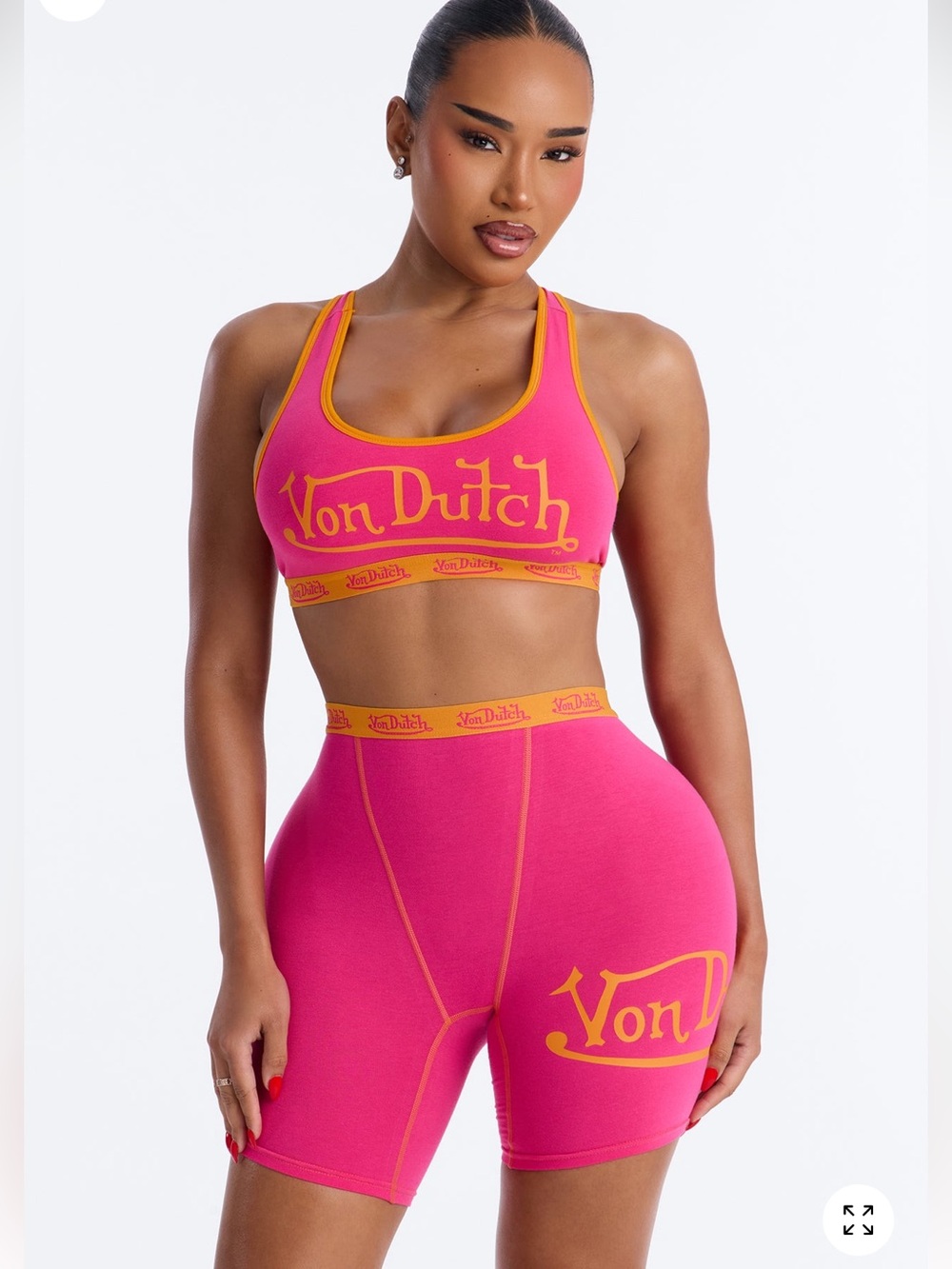 BRAND NEW! TAGS ON! Von Dutch Hot Pink & Yellow High-Rise Bike Shorts and top!